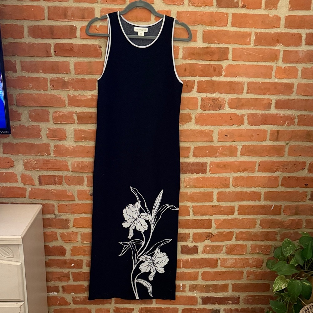Cynthia Rowley Black Midi Dress with White Floral Pattern